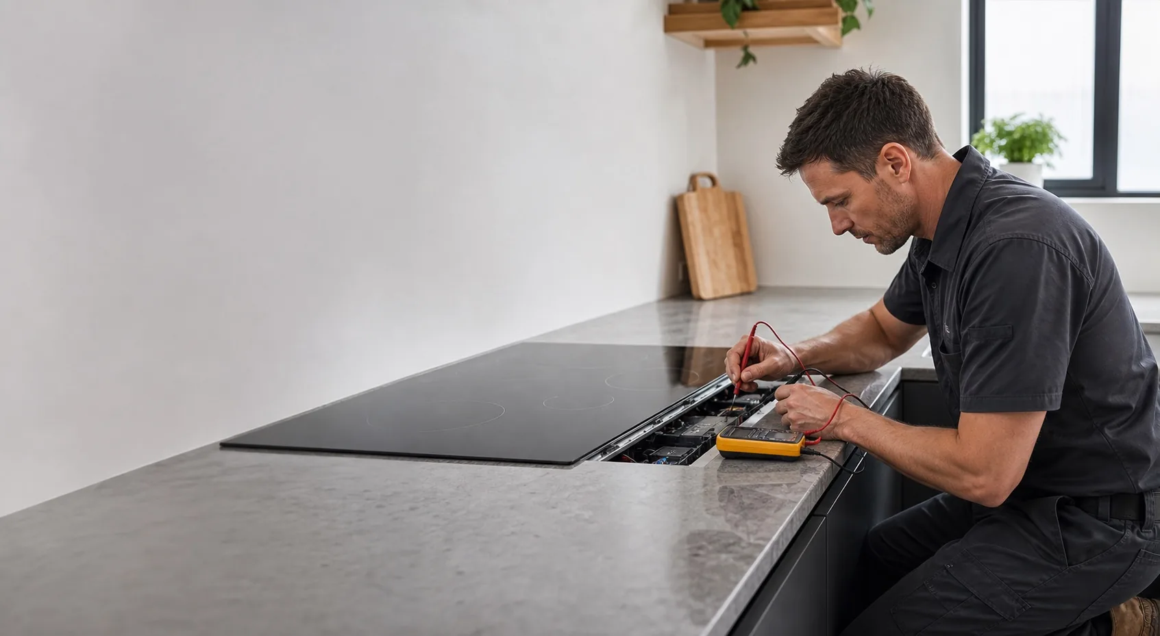 Electrician testing the electrical components of a glass cooktop