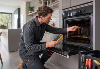 Licensed electrician diagnosing an electric oven that is not heating in a Melbourne home