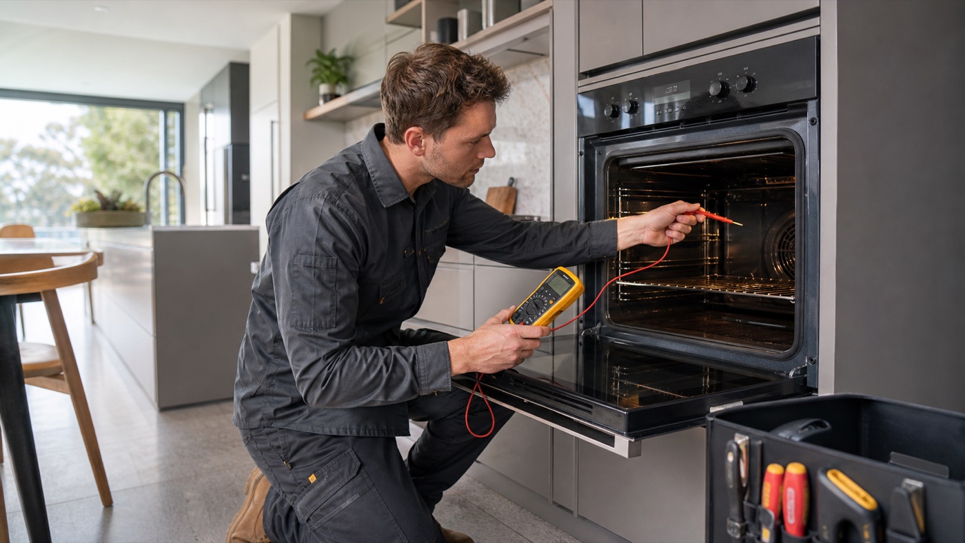 Licensed electrician diagnosing an electric oven that is not heating in a Melbourne home
