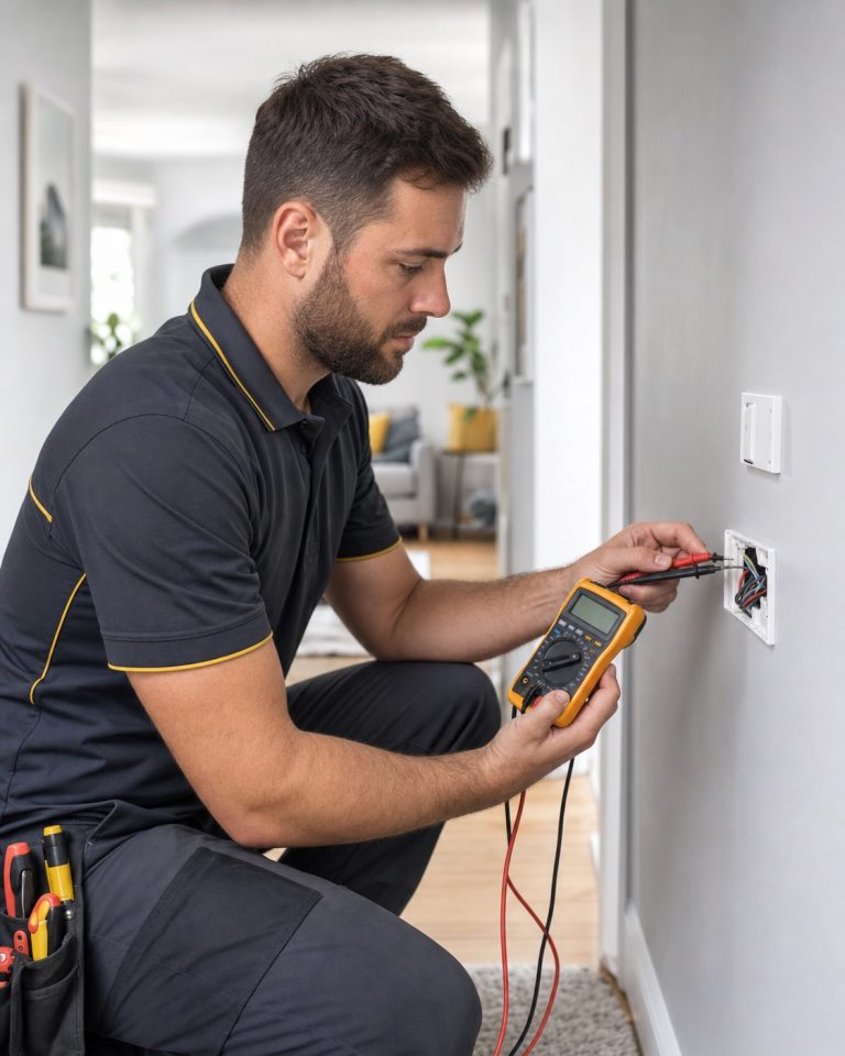 Licensed Melbourne electrician diagnosing an electrical fault with a multimeter