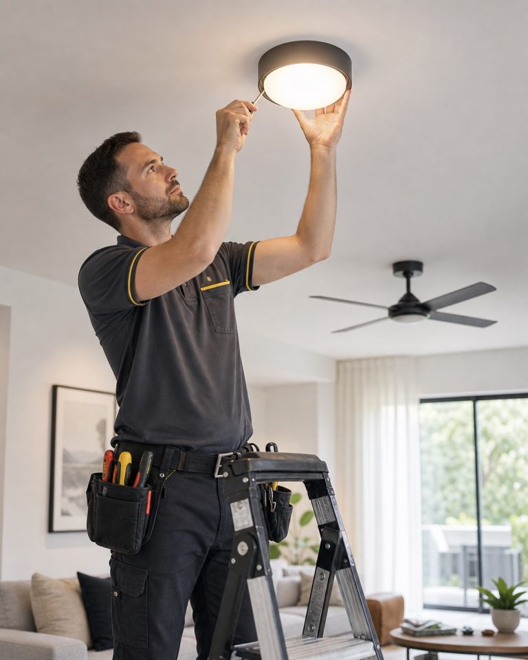 Licensed electrician fitting a ceiling light in a Melbourne home
