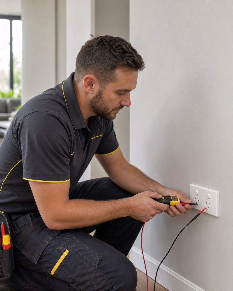 Licensed electrician testing an Australian double power point