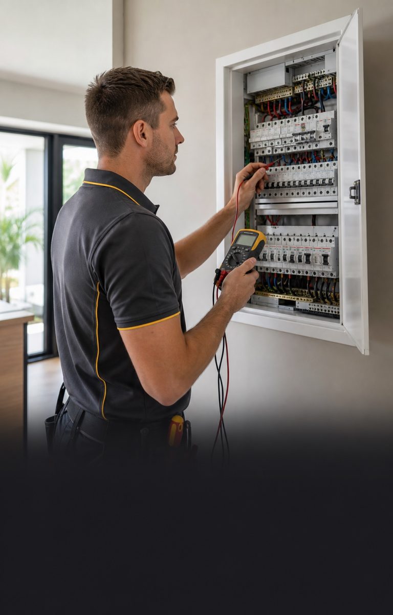 Licensed electrician inspecting a residential switchboard and safety switches