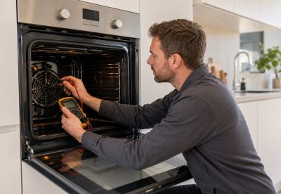 Licensed electrician testing an electric oven after a burning smell