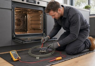 Licensed electrician testing an electric oven element in a Melbourne home