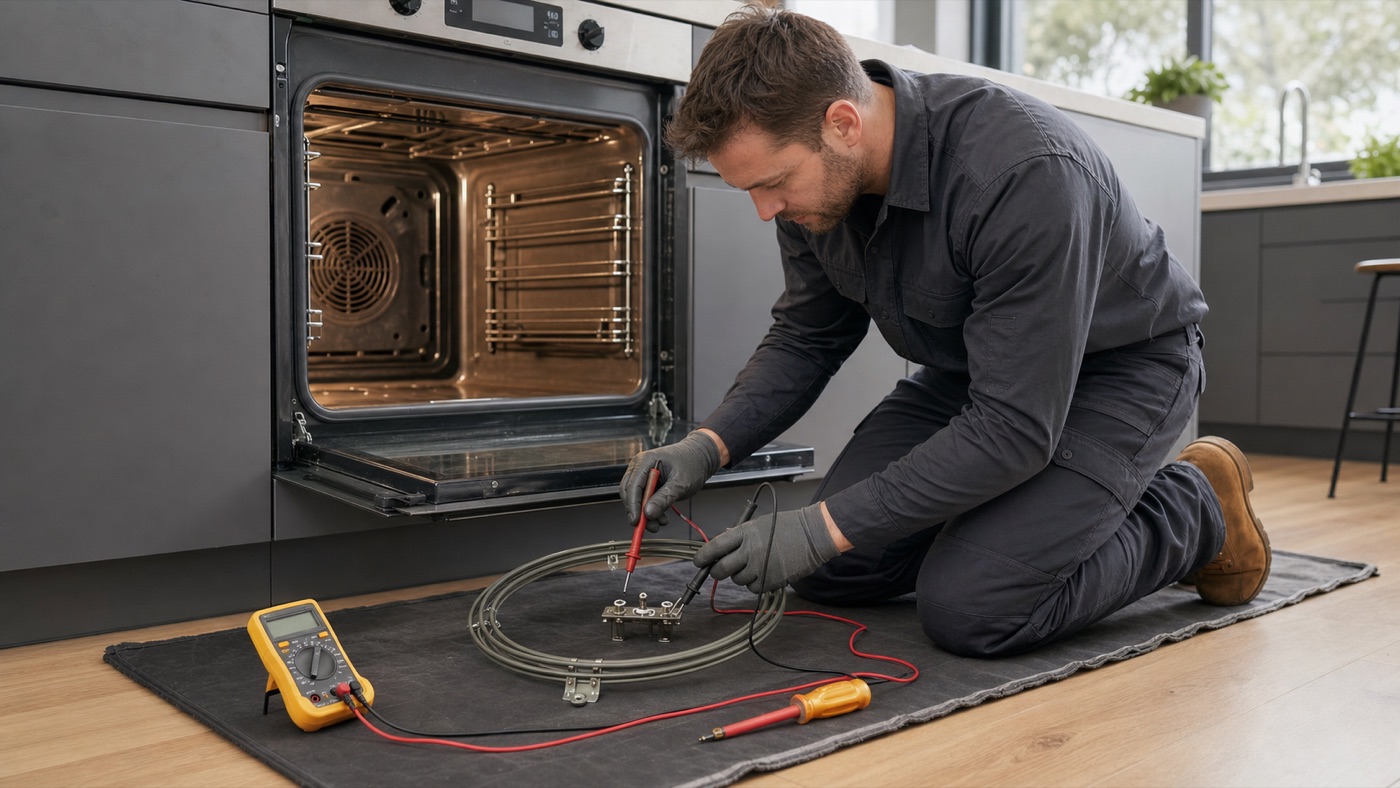 Licensed electrician testing an electric oven element in a Melbourne home