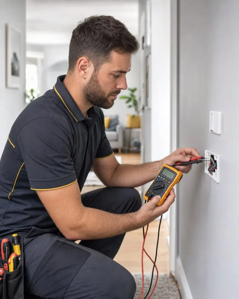 Licensed Melbourne electrician diagnosing an electrical fault with a multimeter