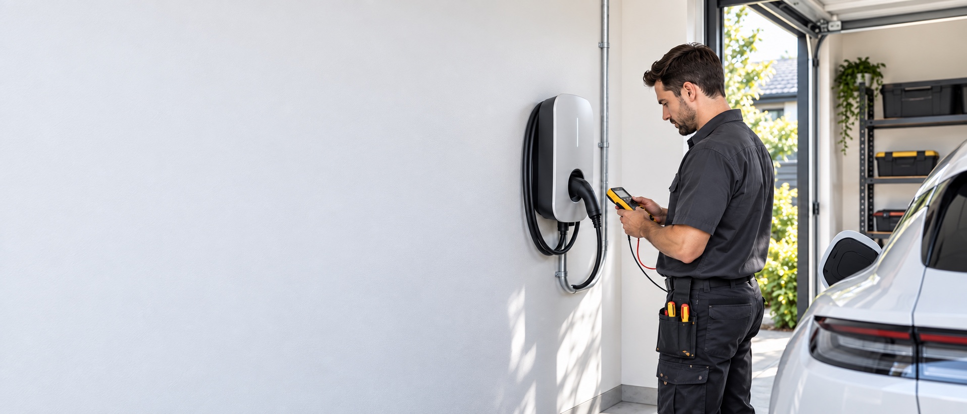 Electrician checking a wall-mounted home EV charger beside a parked electric car
